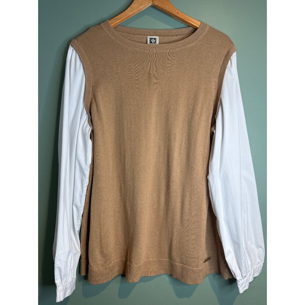 Anne Klein Women’s XL tan Knit Top White Sleeves clueless Preppy Fall Academia